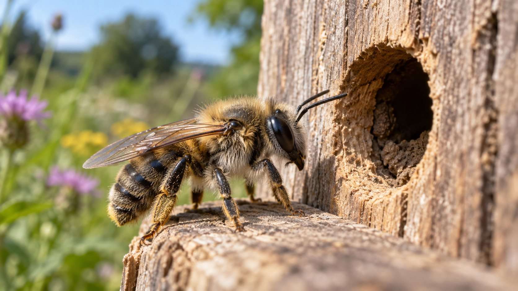 Ilustración naturalista cercana de una abeja solitaria junto a una cavidad de anidación en madera